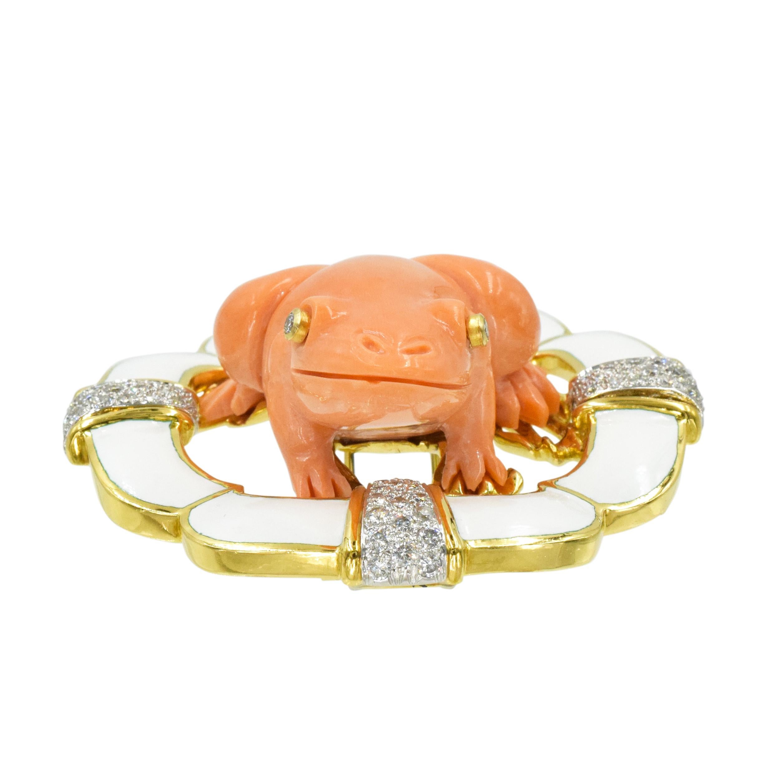David Webb Diamond, Coral & White Enamel Frog Brooch In Excellent Condition For Sale In New York, NY