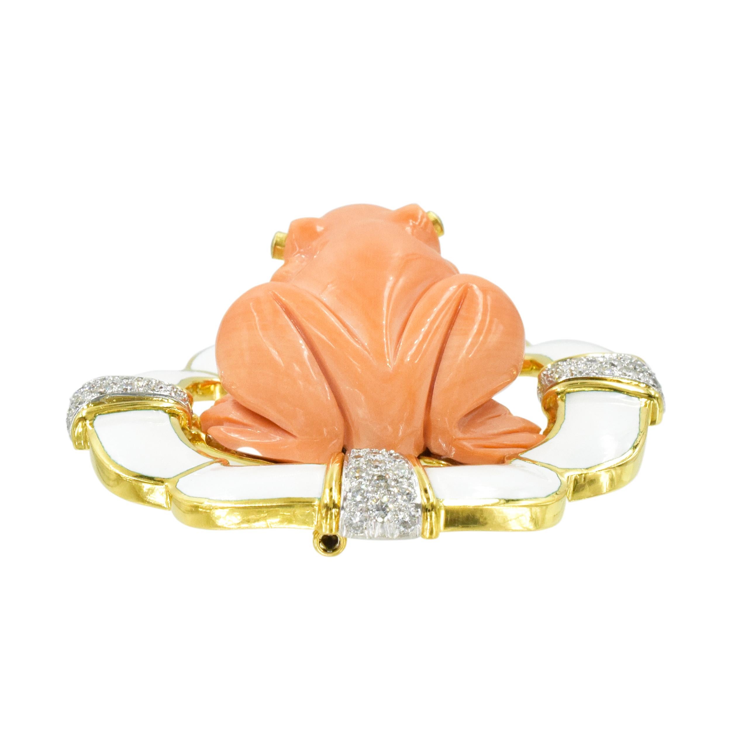 Artist David Webb Diamond, Coral & White Enamel Frog Brooch For Sale