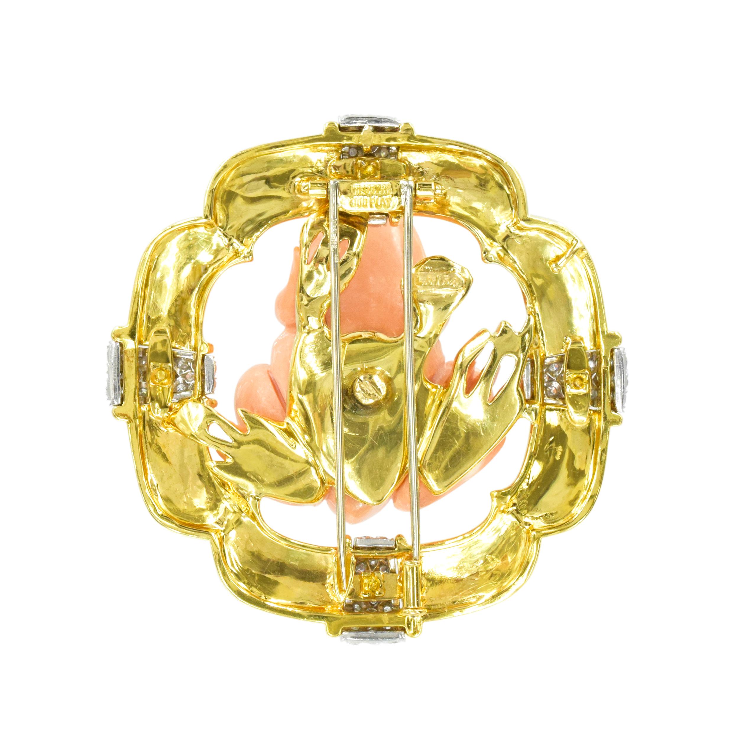 David Webb Diamond, Coral & White Enamel Frog Brooch For Sale 2