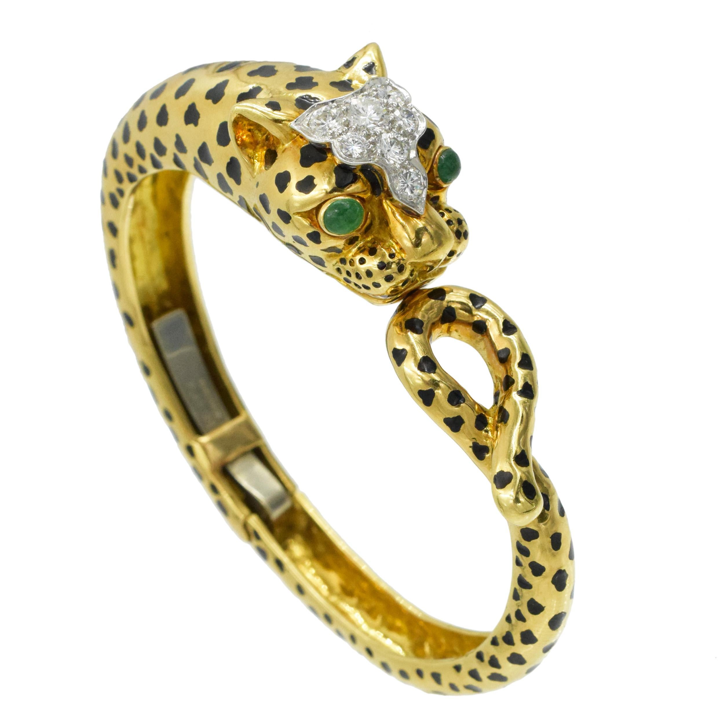 David Webb Diamond, emerald and black enamel Leopard bracelet For Sale 2