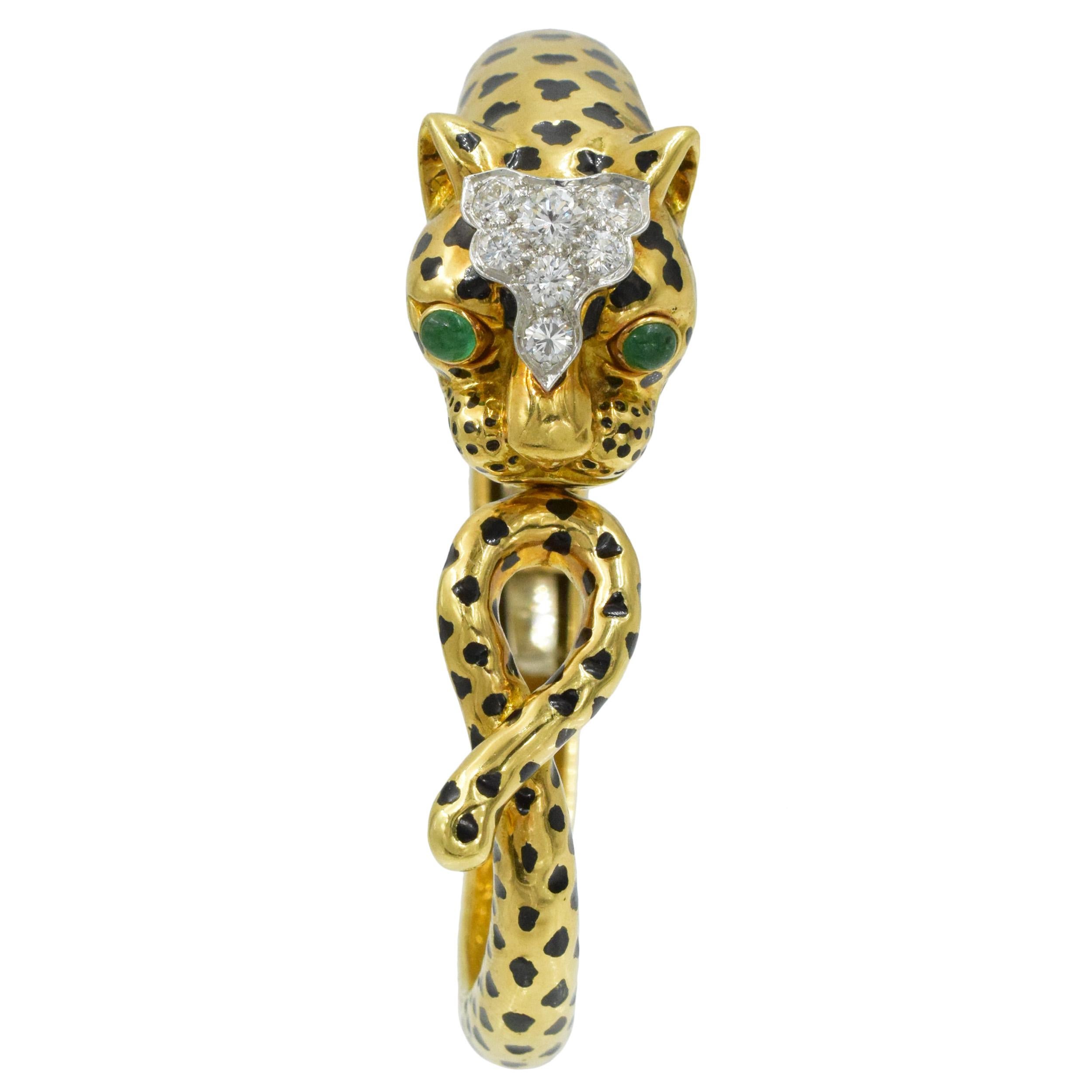 David Webb Diamond, emerald and black enamel Leopard bracelet For Sale 3