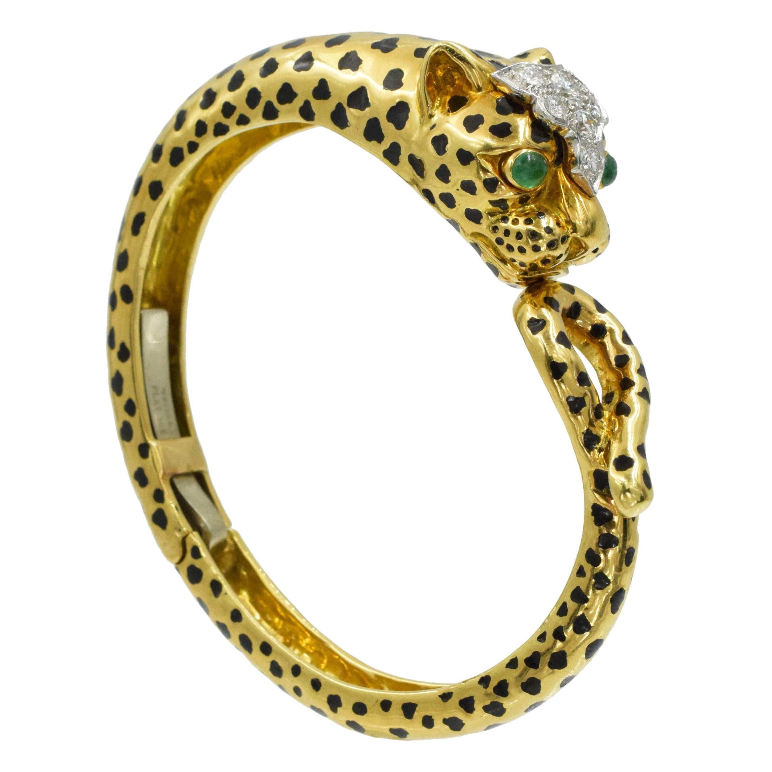 David Webb Diamond, emerald and black enamel Leopard bracelet For Sale 4