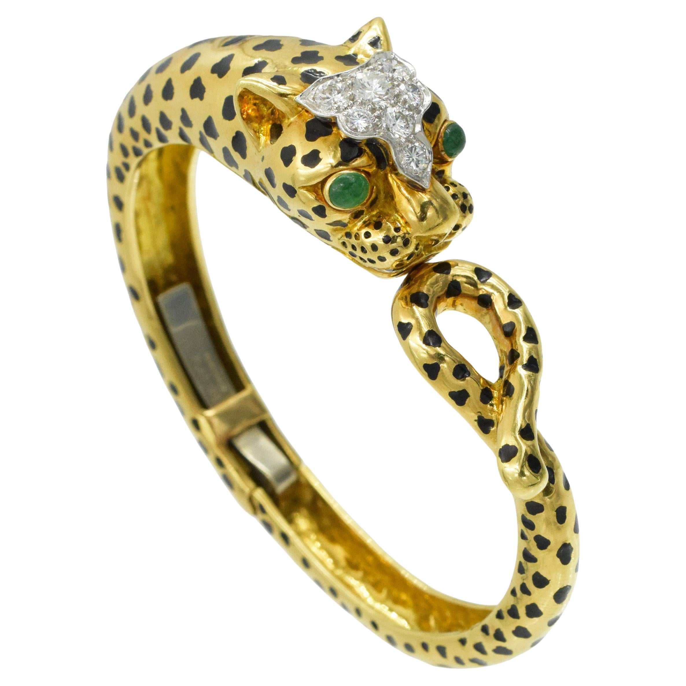 David Webb Diamond, emerald and black enamel Leopard bracelet For Sale