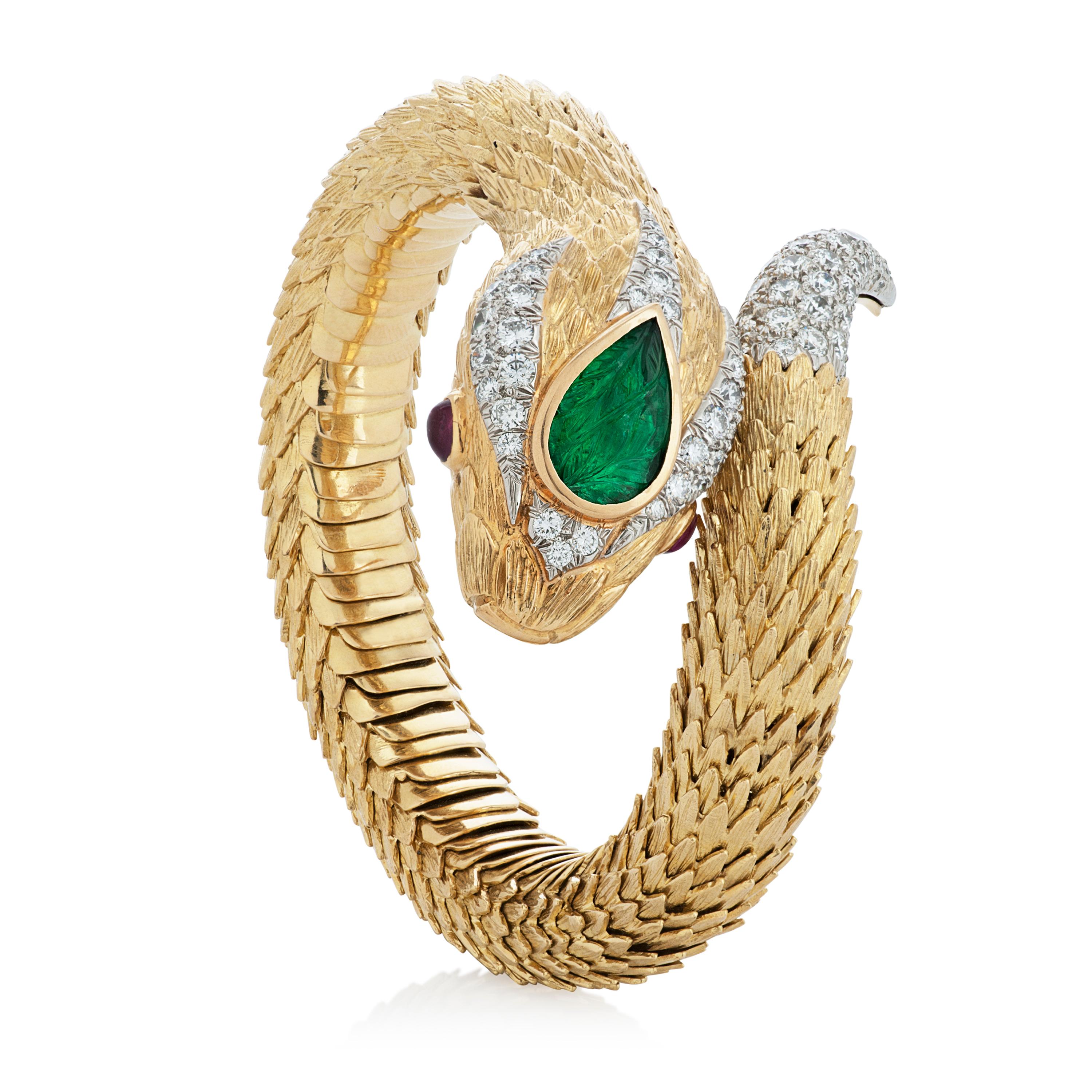David Webb Diamond, Emerald and Ruby Snake Charmer Bracelet in 18K ...
