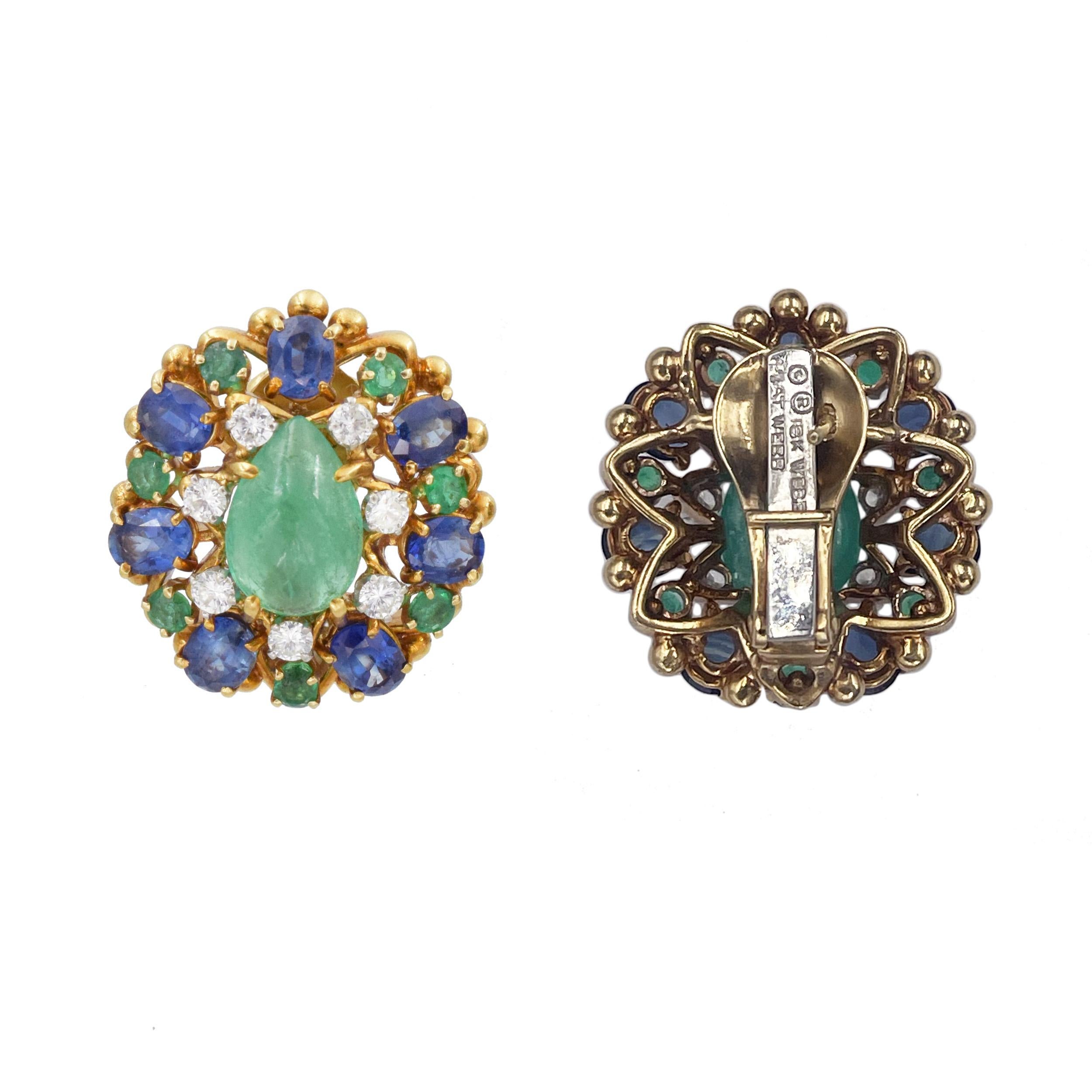 Women's David Webb Diamond, Emerald, and Sapphire Cabochon Earrings For Sale