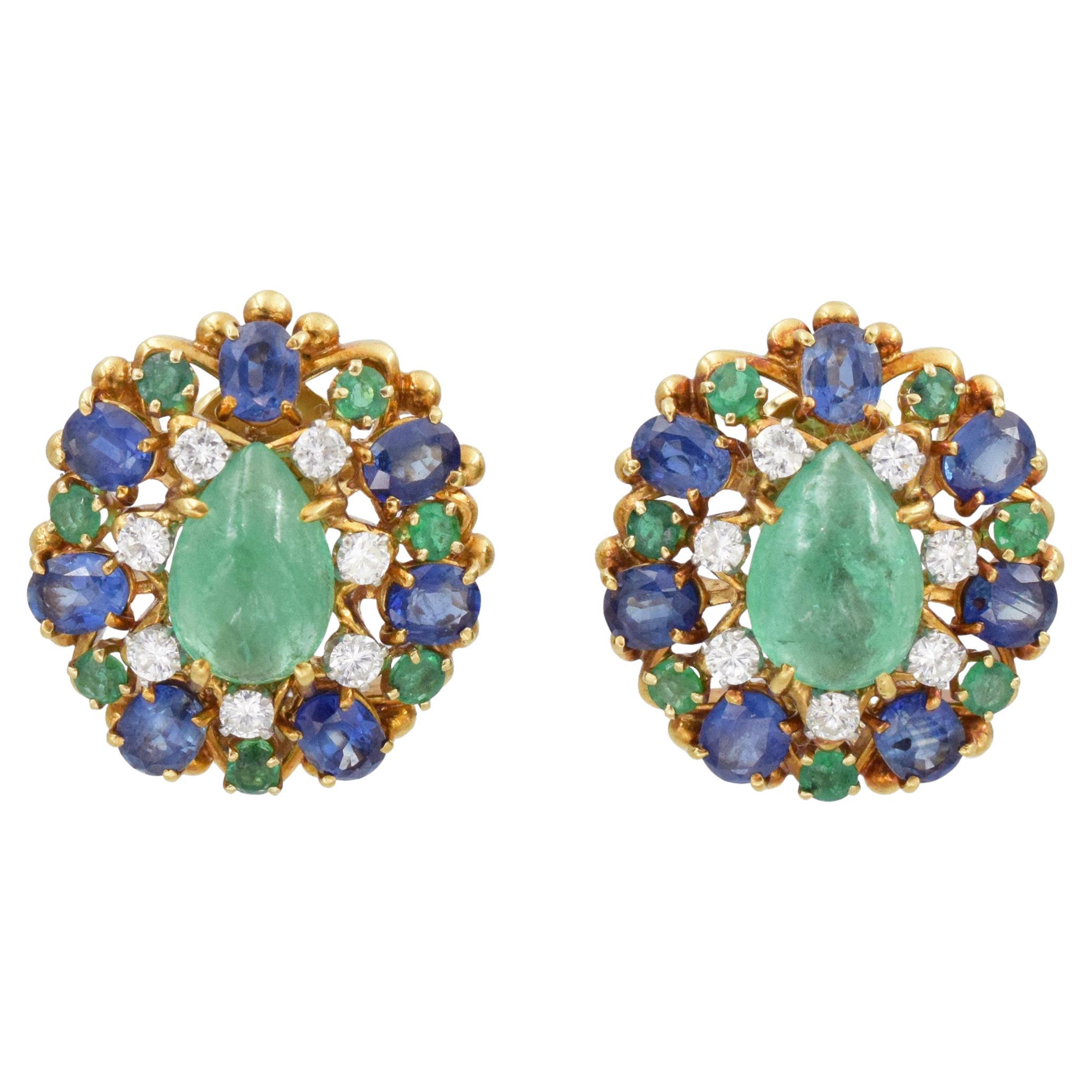 David Webb Diamond, Emerald, and Sapphire Cabochon Earrings For Sale
