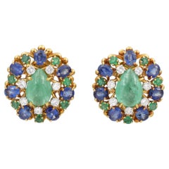 Retro David Webb Diamond, Emerald, and Sapphire Cabochon Earrings