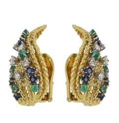 David Webb Diamond, Emerald and Sapphire Clip-on Earrings