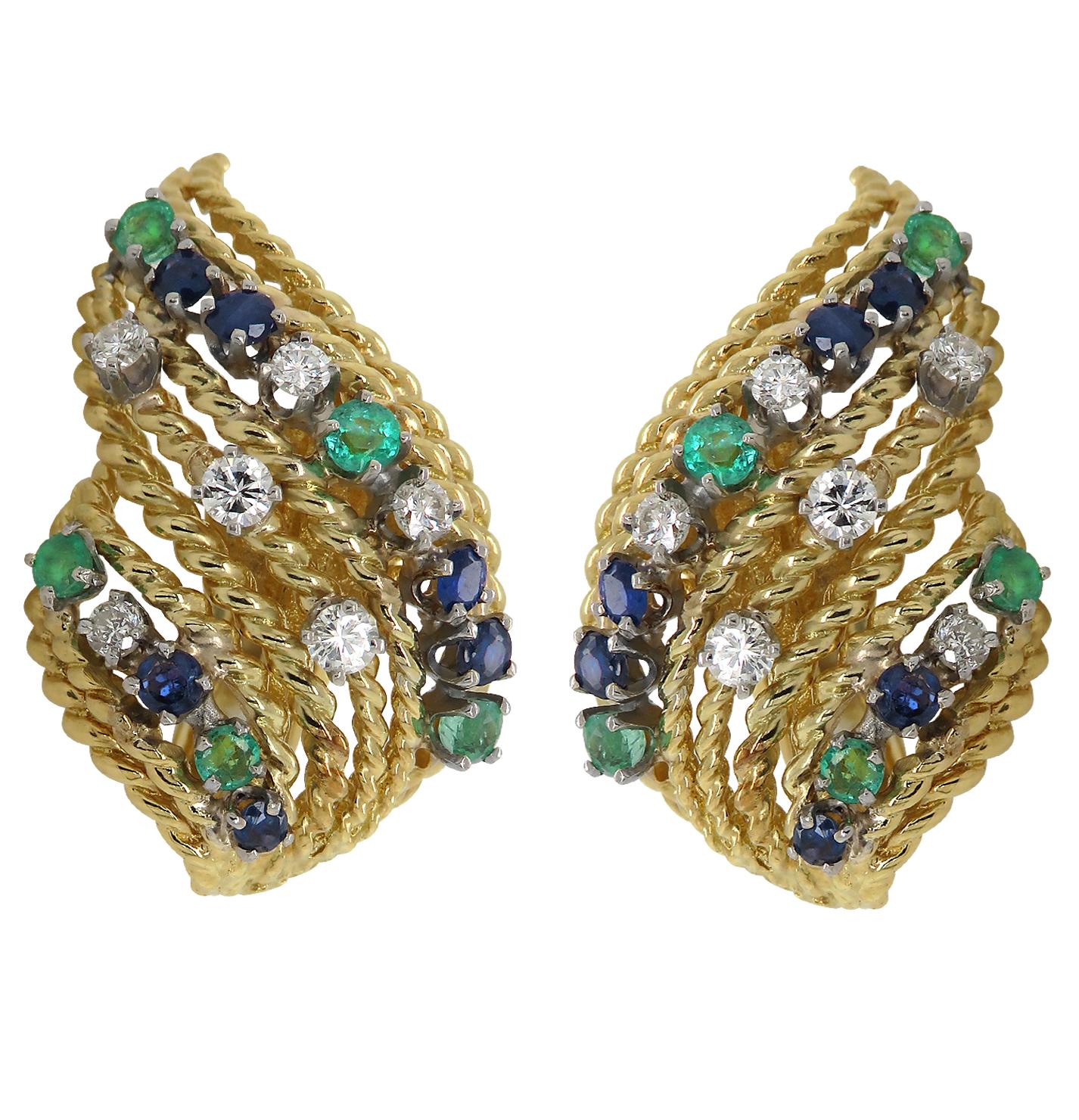 Modern David Webb Diamond, Emerald and Sapphire Clip-on Earrings