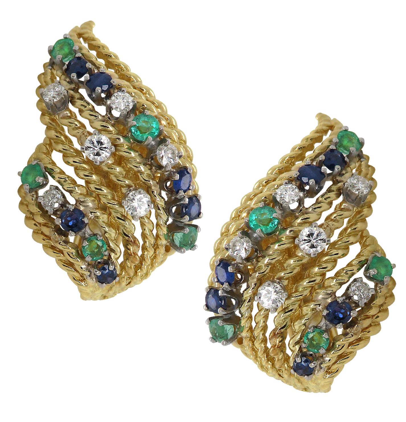 Round Cut David Webb Diamond, Emerald and Sapphire Clip-on Earrings