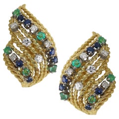 David Webb Diamond, Emerald and Sapphire Clip-on Earrings