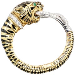 David Webb Diamond Emerald Platinum and 18 Karat Gold Tiger Head Bangle Bracelet