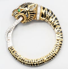 David Webb Diamond Emerald Platinum and 18 Karat Gold Tiger Head Bangle Bracelet
