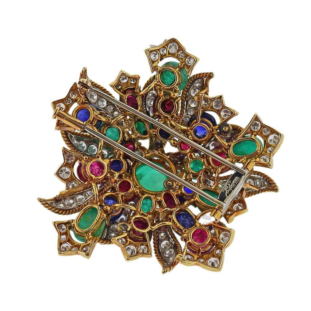 David Webb Diamond Emerald Ruby Sapphire Gold Platinum Brooch In Excellent Condition In New York, NY