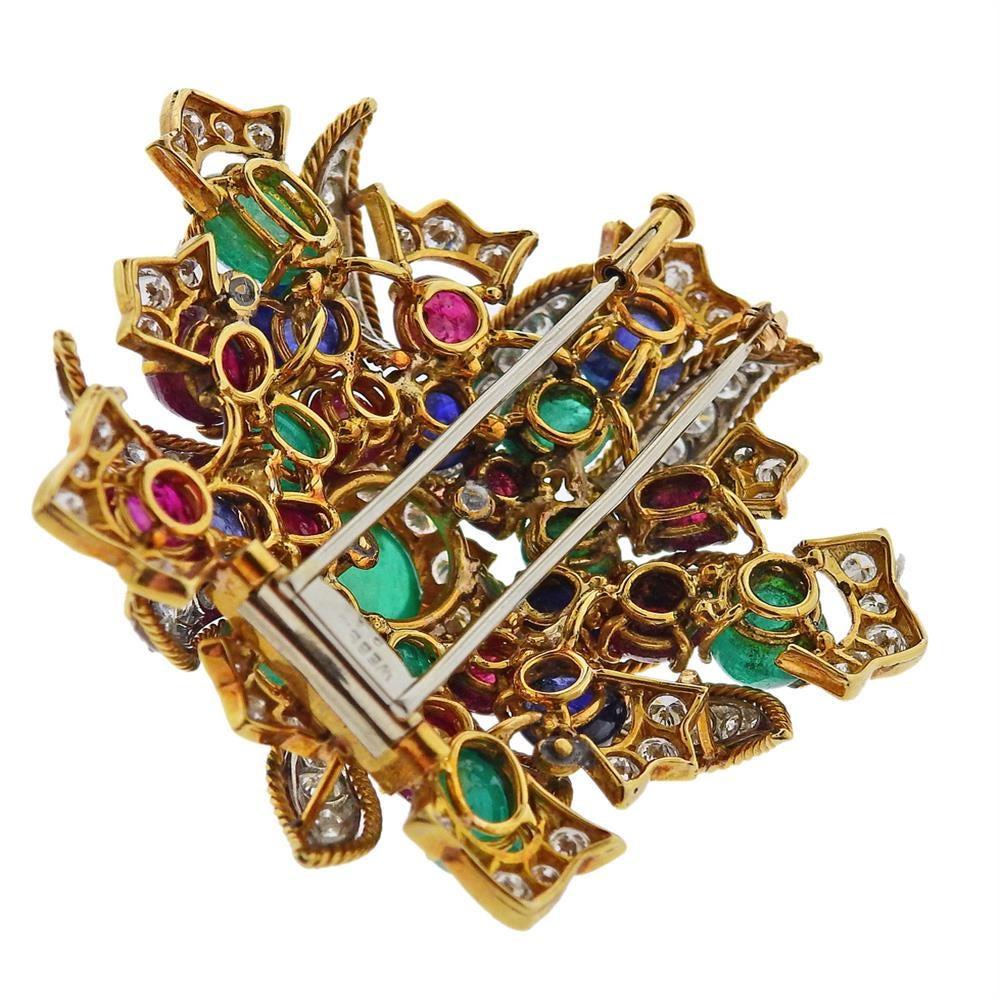 Women's David Webb Diamond Emerald Ruby Sapphire Gold Platinum Brooch