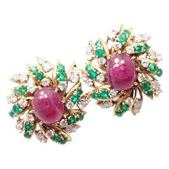 David Webb Diamond Emerald Ruby Yellow Gold and Platinum Earrings