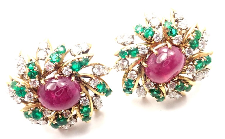 David Webb Diamond Emerald Ruby Yellow Gold and Platinum Earrings For ...