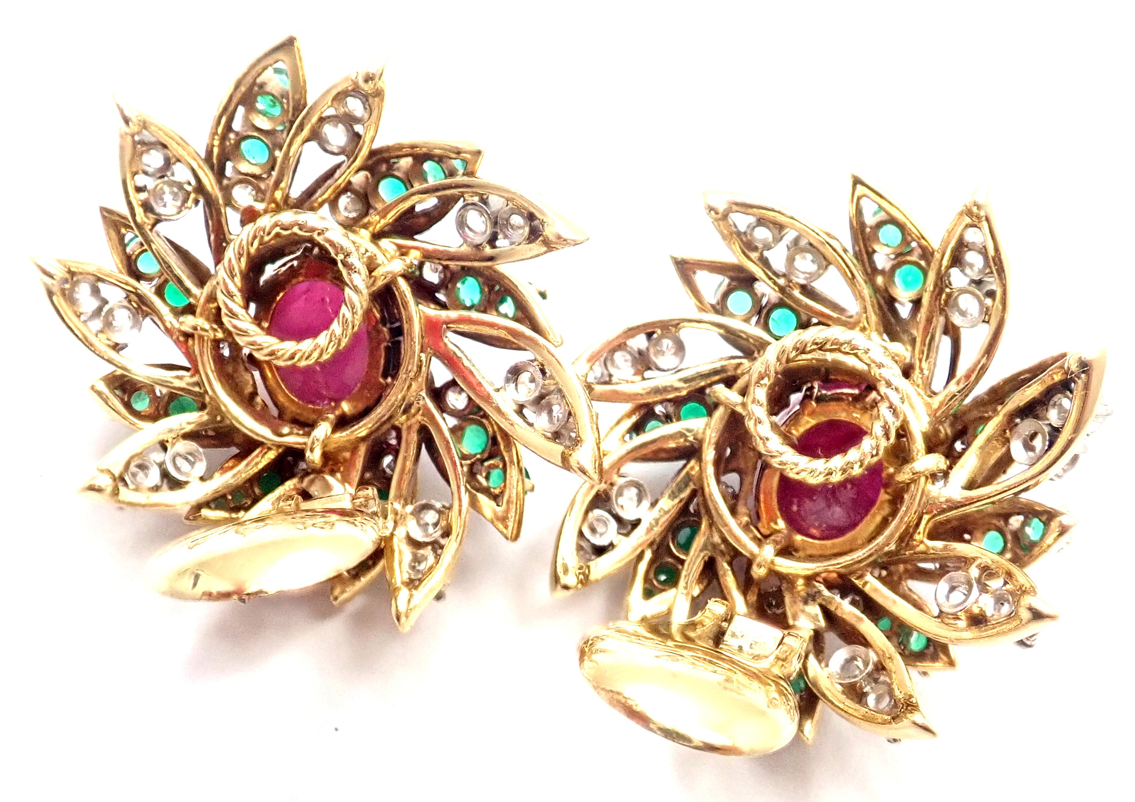 David Webb Diamond Emerald Ruby Yellow Gold and Platinum Earrings In Excellent Condition In Holland, PA
