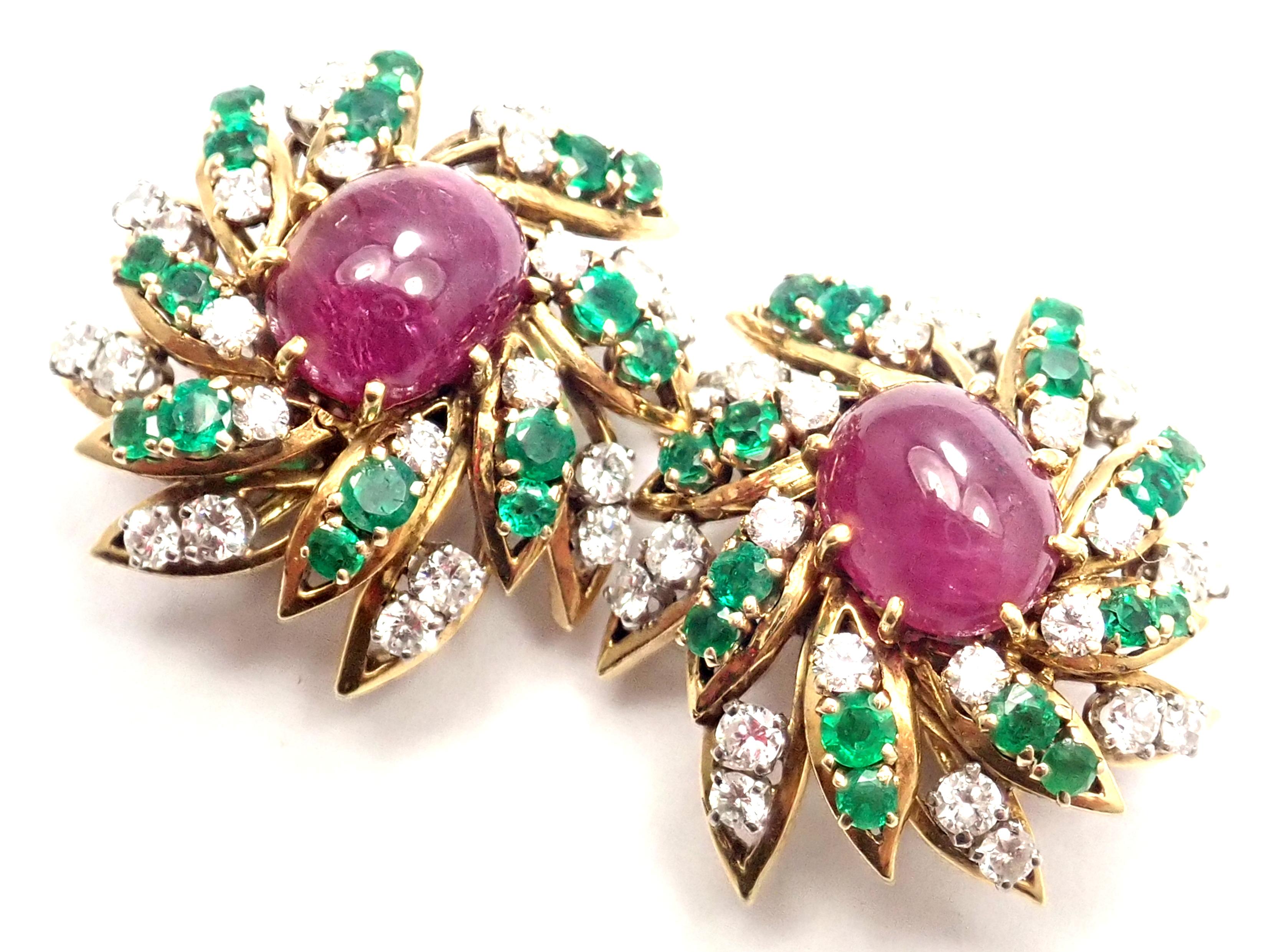 David Webb Diamond Emerald Ruby Yellow Gold and Platinum Earrings 3