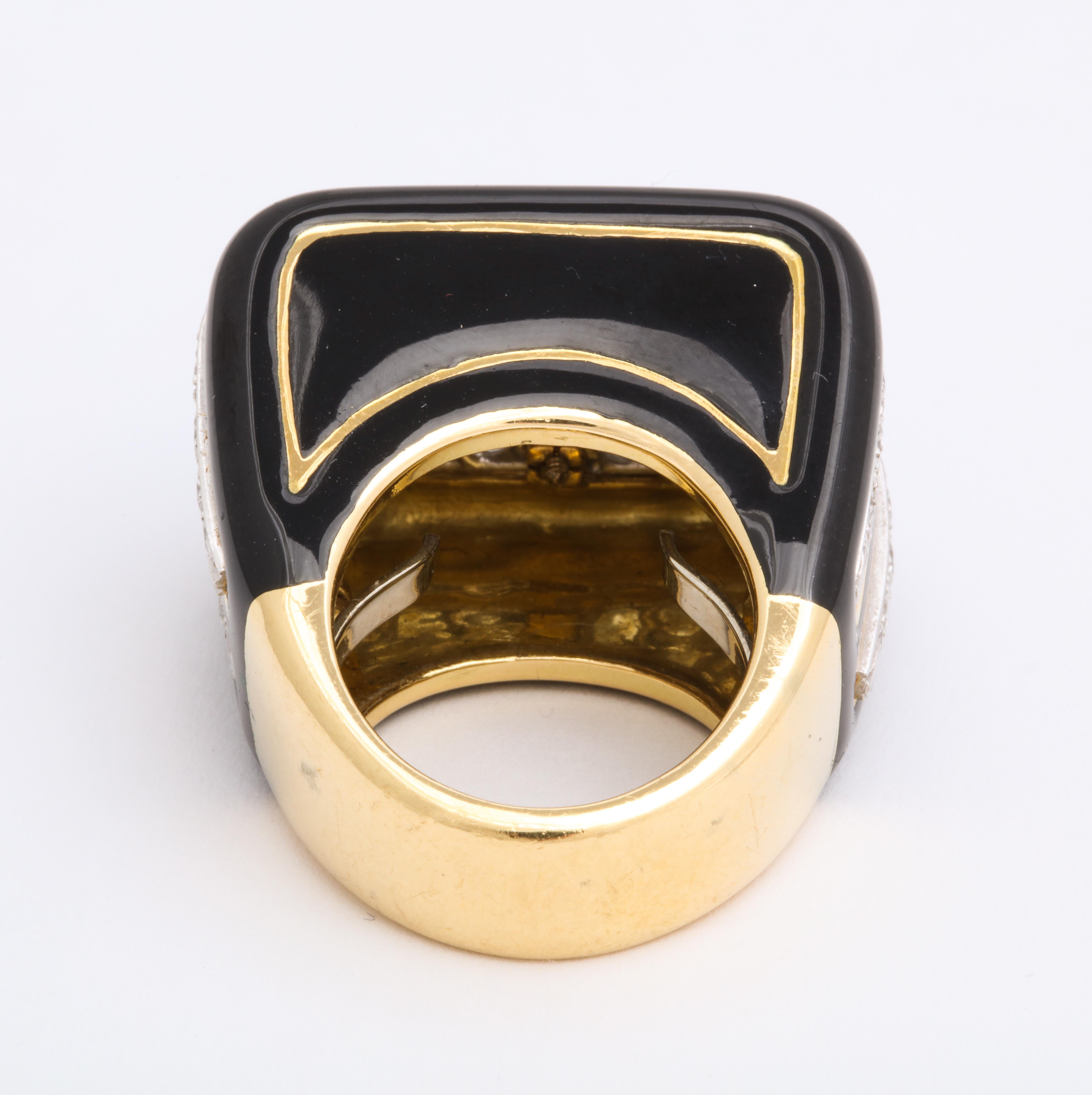 Women's or Men's David Webb Diamond, Enamel and 18 Karat Yellow Gold Cocktail Ring