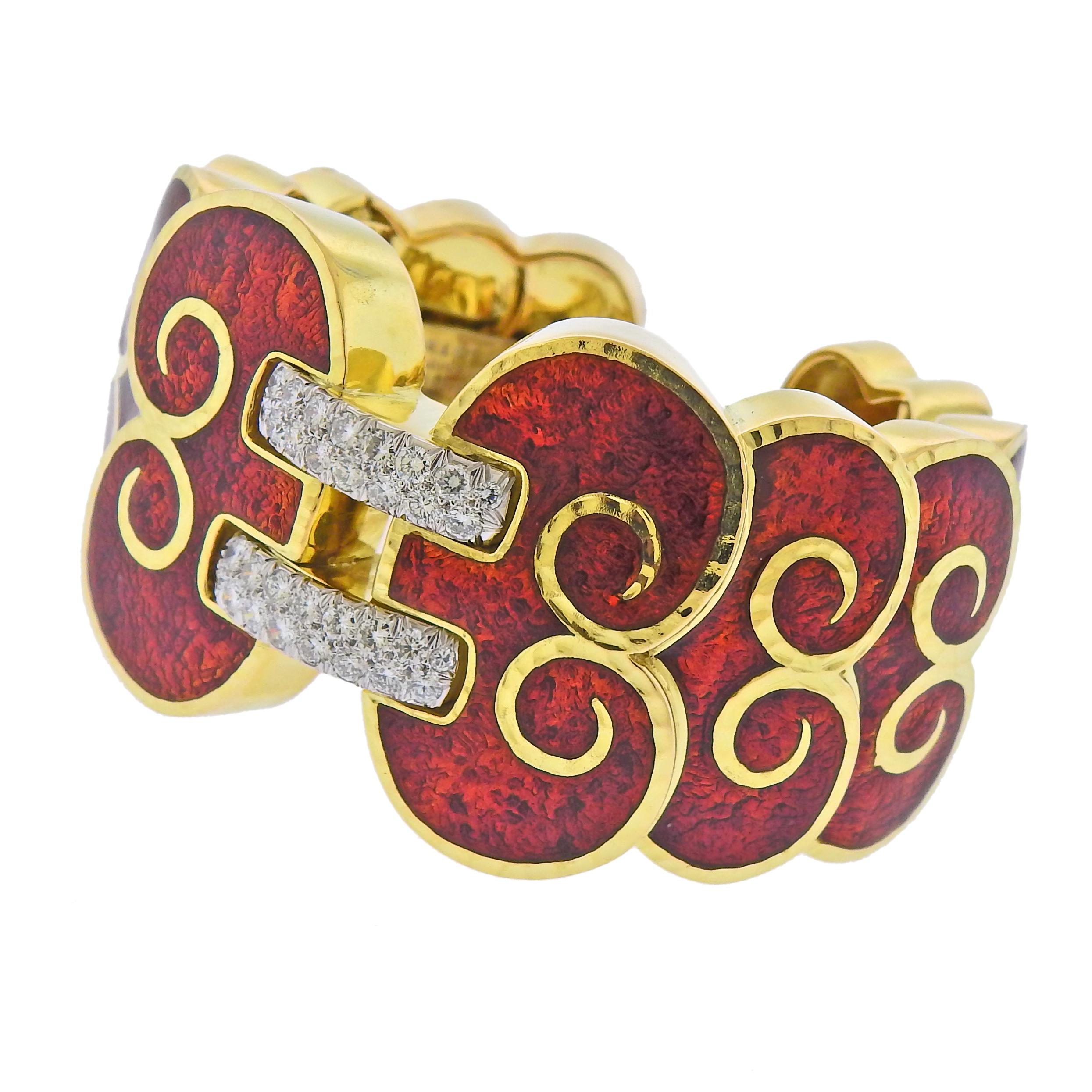 18k yellow gold and platinum red enamel cuff bracelet by David Webb, with approx. 1.60cts in H/VS-SI1 diamonds. Cuff will fit approx. 6.75