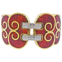 David Webb Diamond Enamel Gold Platinum Swirl Cuff Bracelet