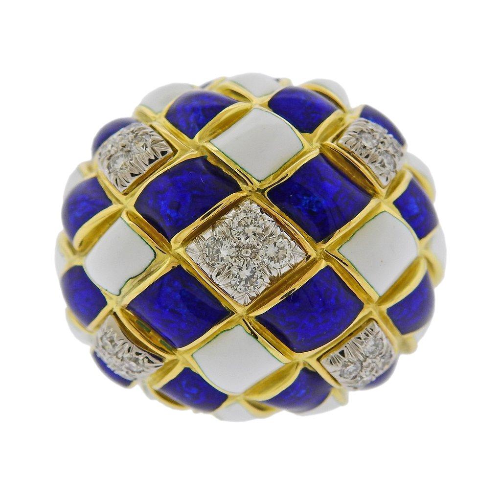 David Webb 18k gold and platinum dome Harlequin ring, set with blue and white enamel and approx. 0.52ctw in diamonds.   Ring size - 6.5, ring top is 25mm wide, sits approx. 20mm from the finger when worn. Weight is 28.6 grams. Marked David Webb,