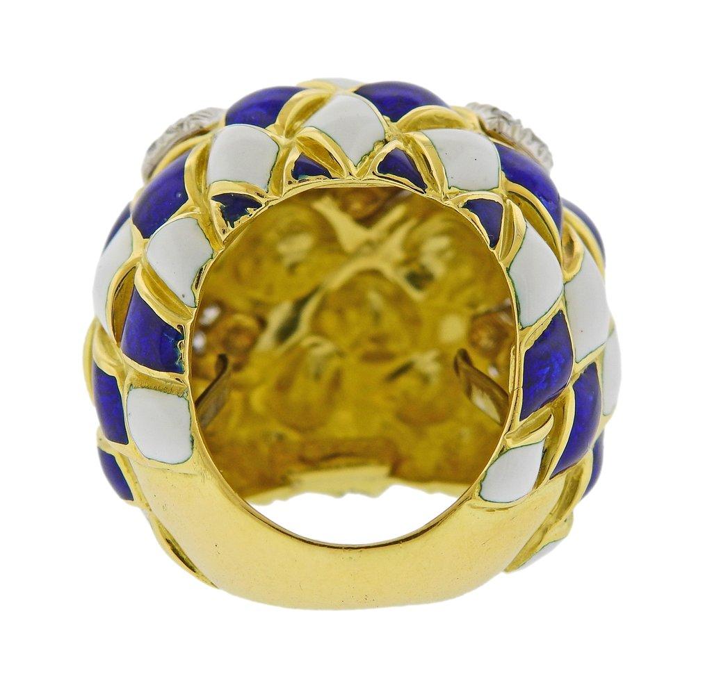 Round Cut David Webb Diamond Enamel Harlequin Gold Platinum Dome Ring