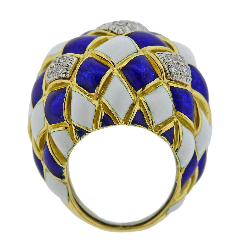 David Webb Diamond Enamel Harlequin Gold Platinum Dome Ring In Excellent Condition In Lambertville, NJ