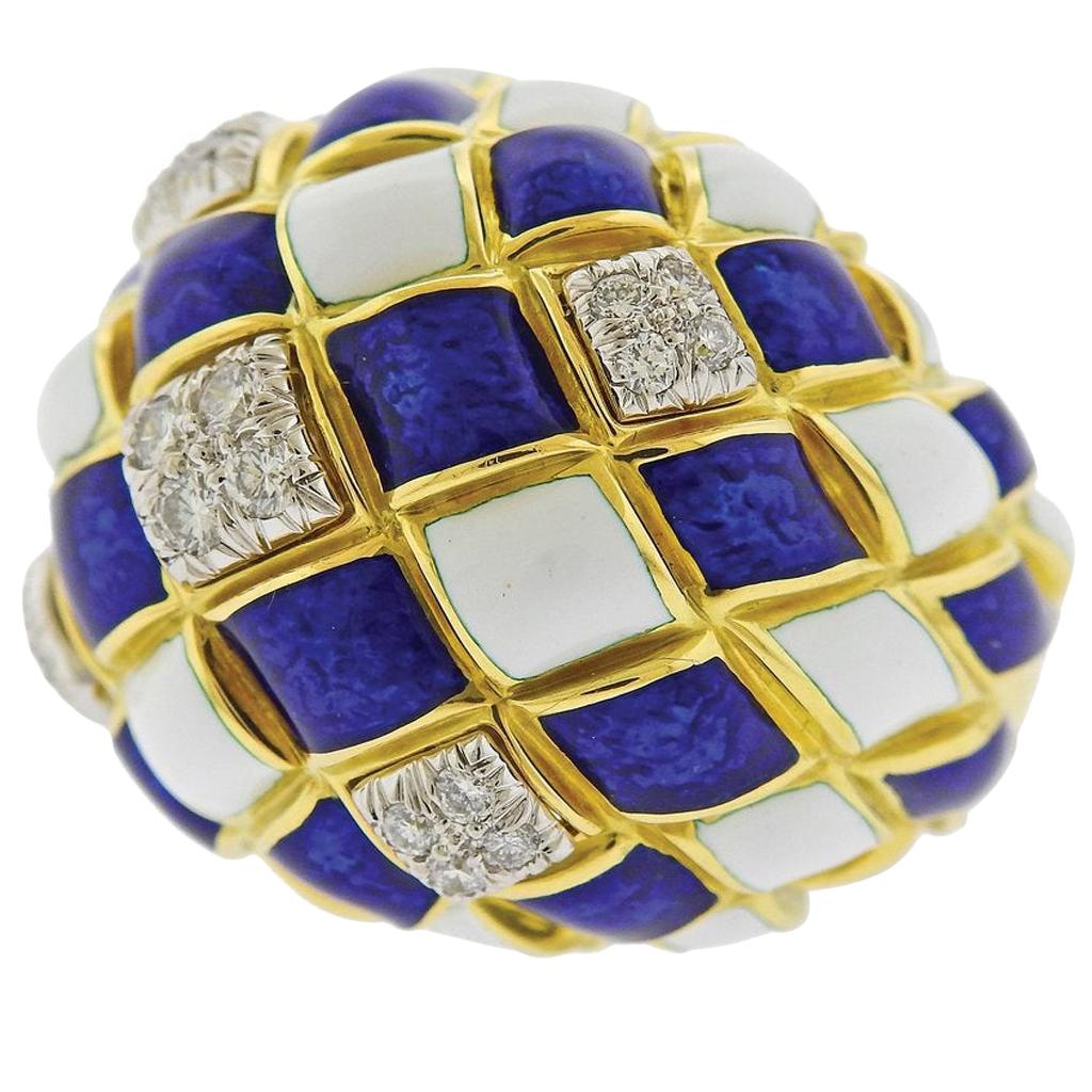 David Webb Diamond Enamel Harlequin Gold Platinum Dome Ring