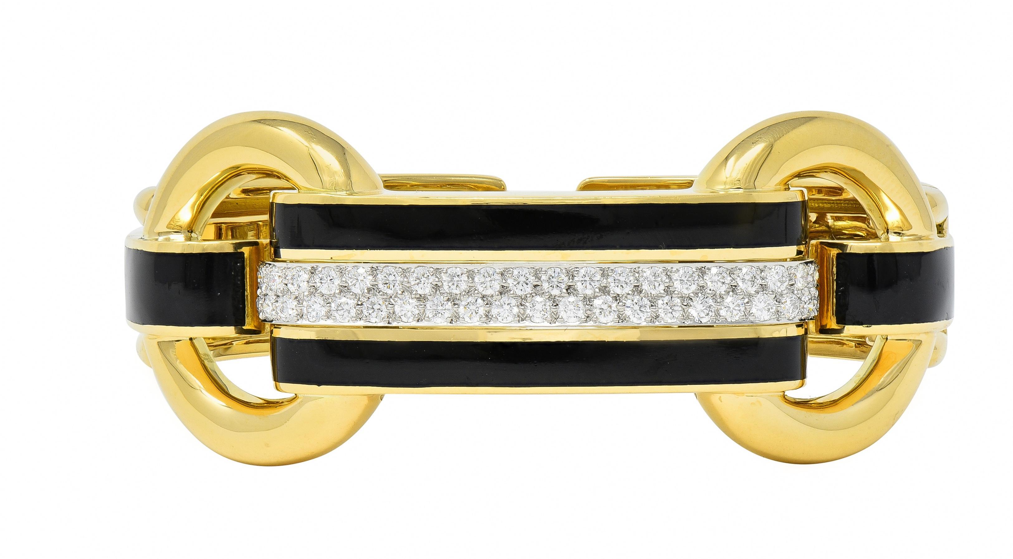 David Webb Bracelet manchette en or jaune 18 carats, platine, émail et diamants Unisexe en vente