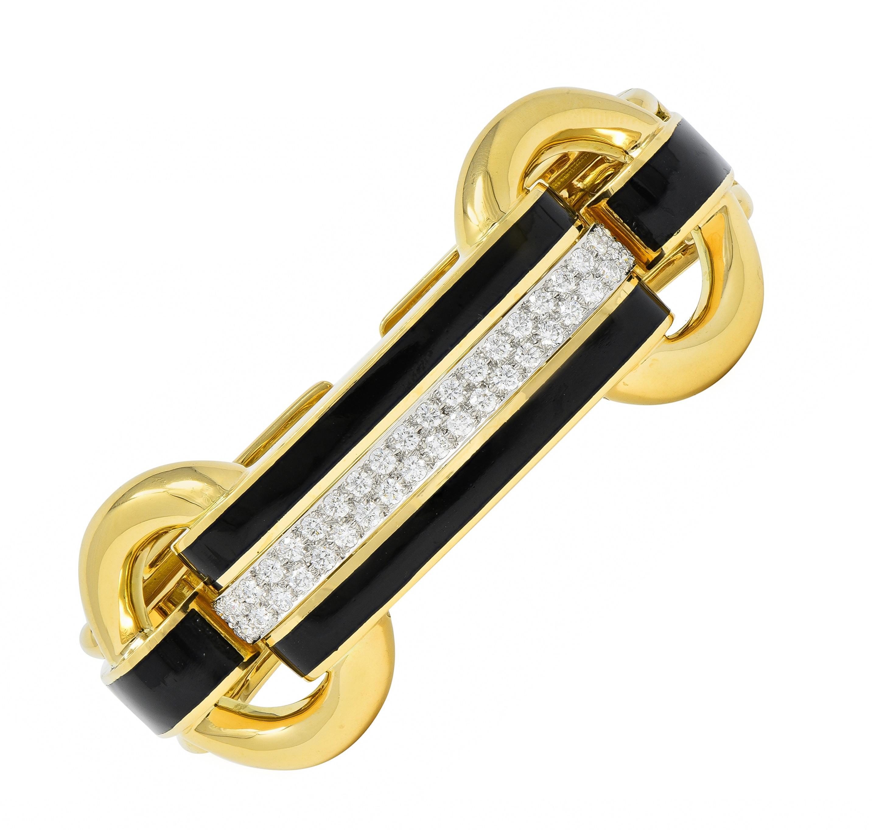 David Webb Diamond Enamel Platinum 18 Karat Yellow Gold Bridle Cuff Bracelet