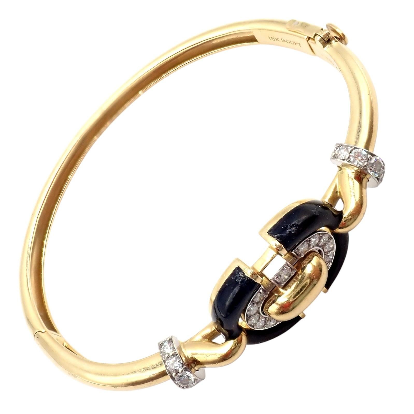 Brilliant Cut David Webb Diamond Enamel Yellow Gold Platinum Bangle Bracelet For Sale