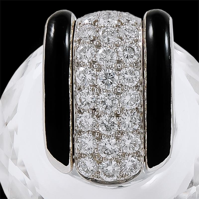 Art Deco David Webb Vintage 1990s Diamond Faceted Rock Crystal Black Enamel Hoop Earrings For Sale