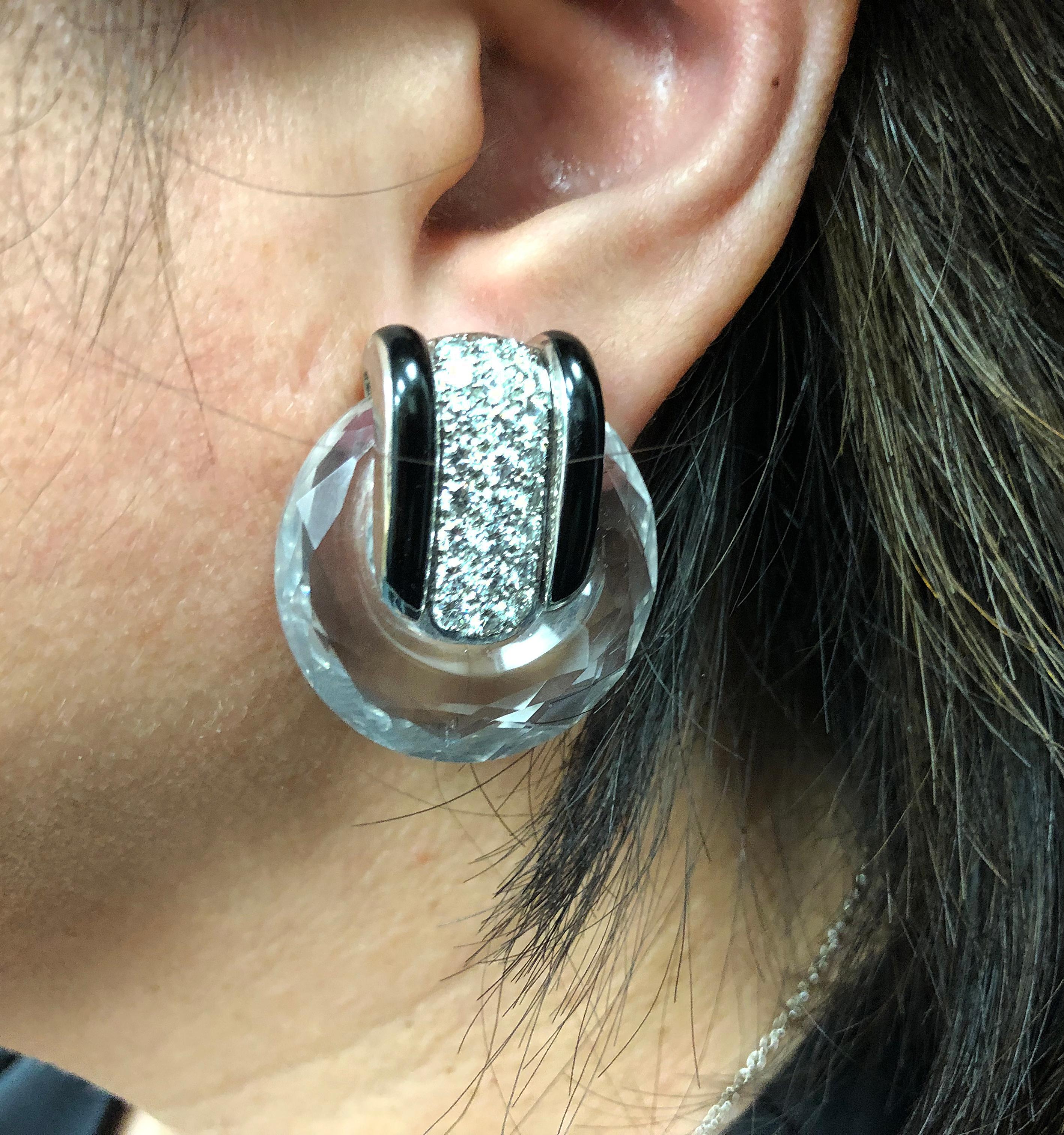 David Webb Vintage 1990s Diamond Faceted Rock Crystal Black Enamel Hoop Earrings In Excellent Condition For Sale In New York, NY