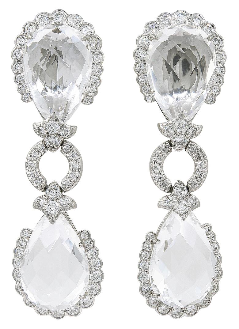 Mixed Cut David Webb Diamond, Faceted Rock Crystal Earrings For Sale