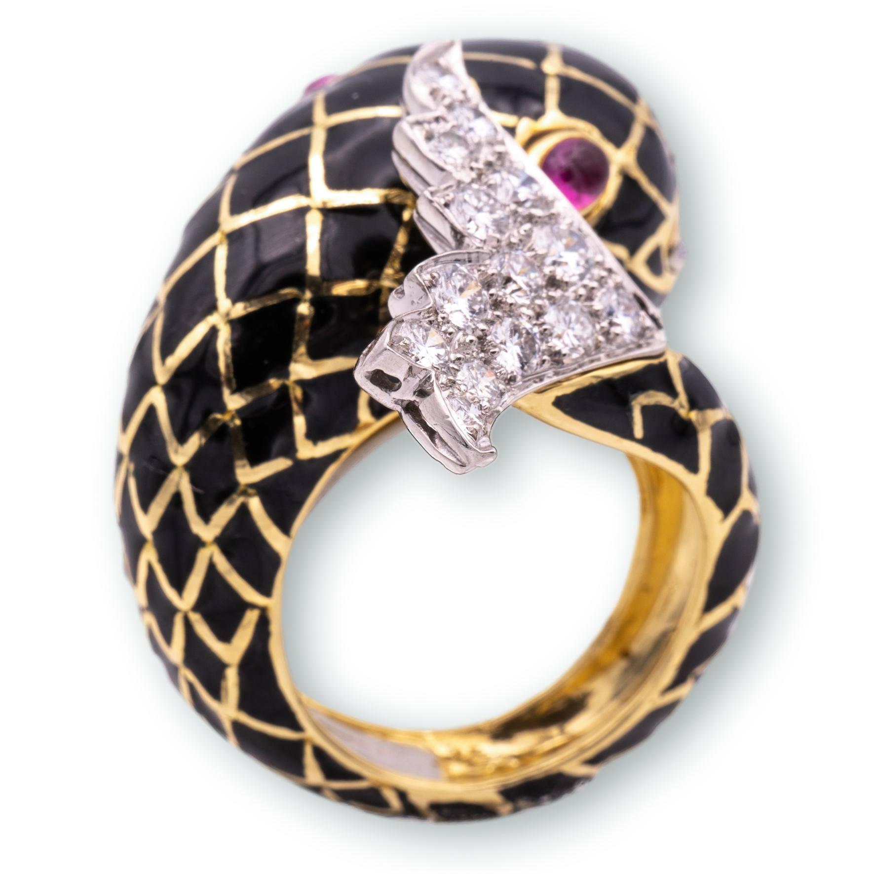 Contemporary David Webb 18K Gold Platinum Diamond Fish Cocktail Ring Ruby Eyes Black Enamel