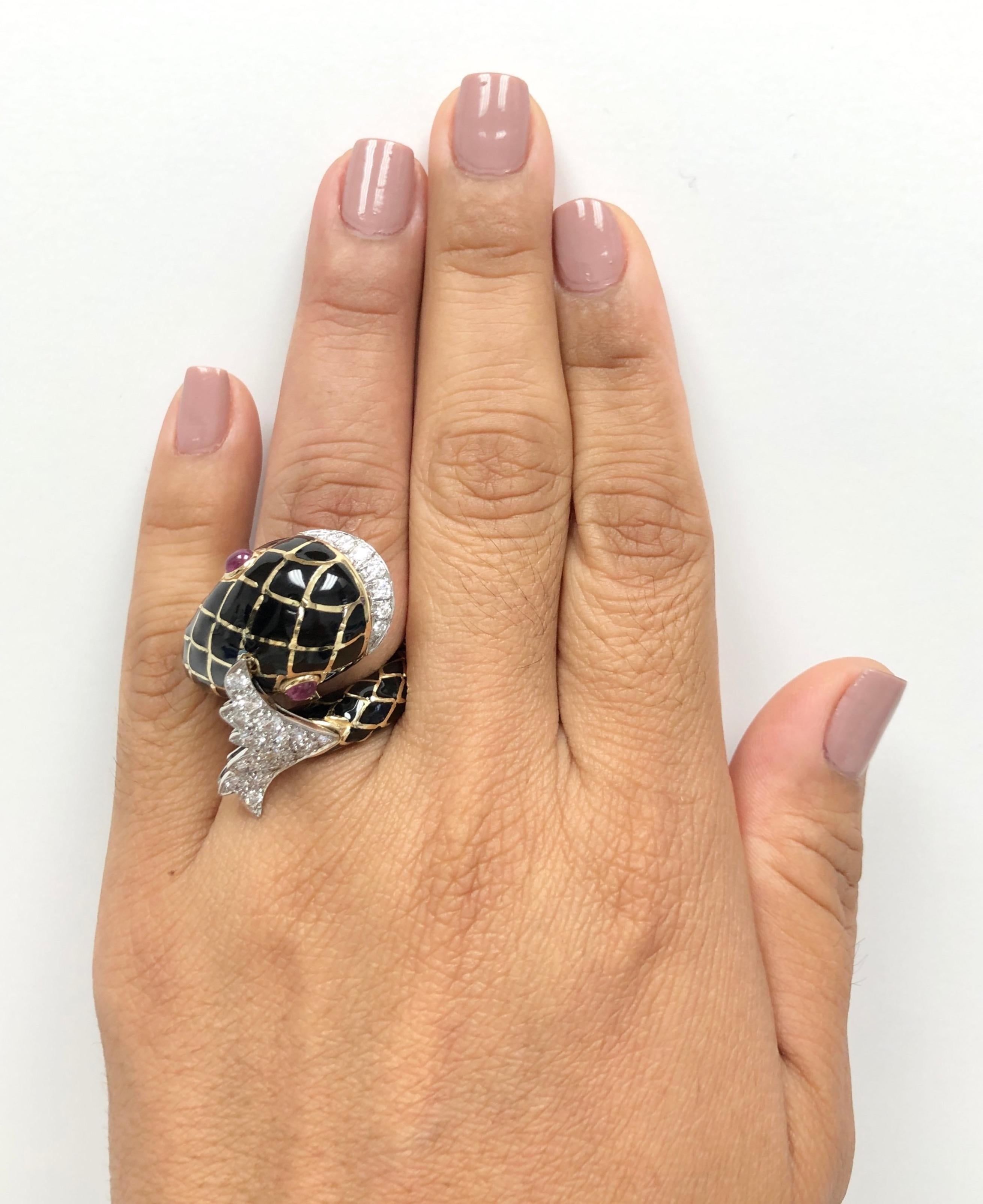 David Webb 18K Gold Platinum Diamond Fish Cocktail Ring Ruby Eyes Black Enamel 1