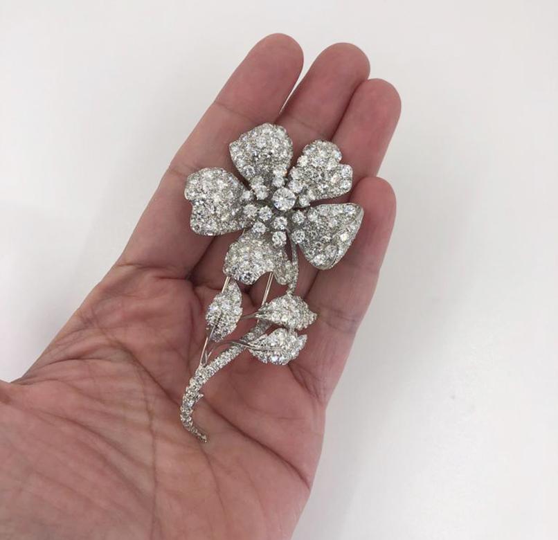 David-Webb-Diamantenbrosche aus den 1980er Jahren in Form einer stilisierten Blume, besetzt mit feinen Brillanten mit einem Gesamtgewicht von etwa 16 Karat. Es ist etwa 3 1/4 cm lang und 1 1/2 cm breit.

Unterzeichnet David Webb.
