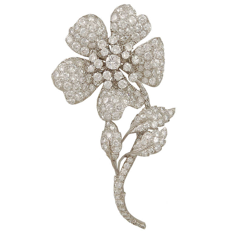 Women's David Webb Diamond Platinum Flower Brooch For Sale