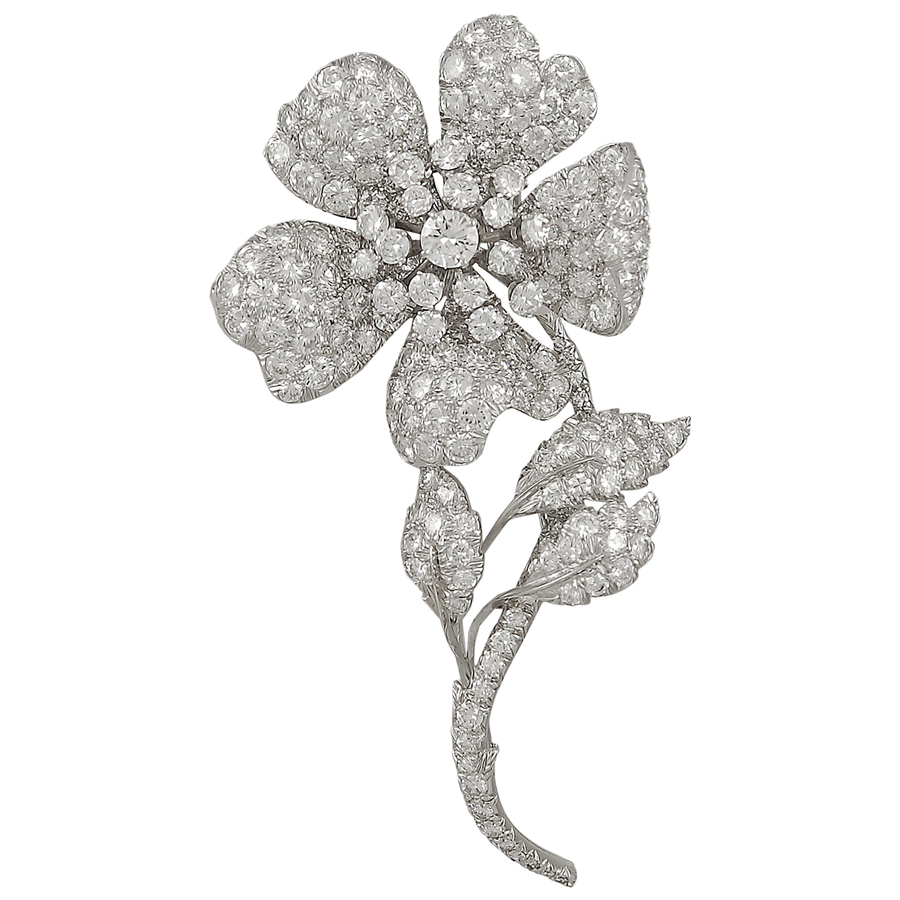 David Webb Diamond Platinum Flower Brooch For Sale