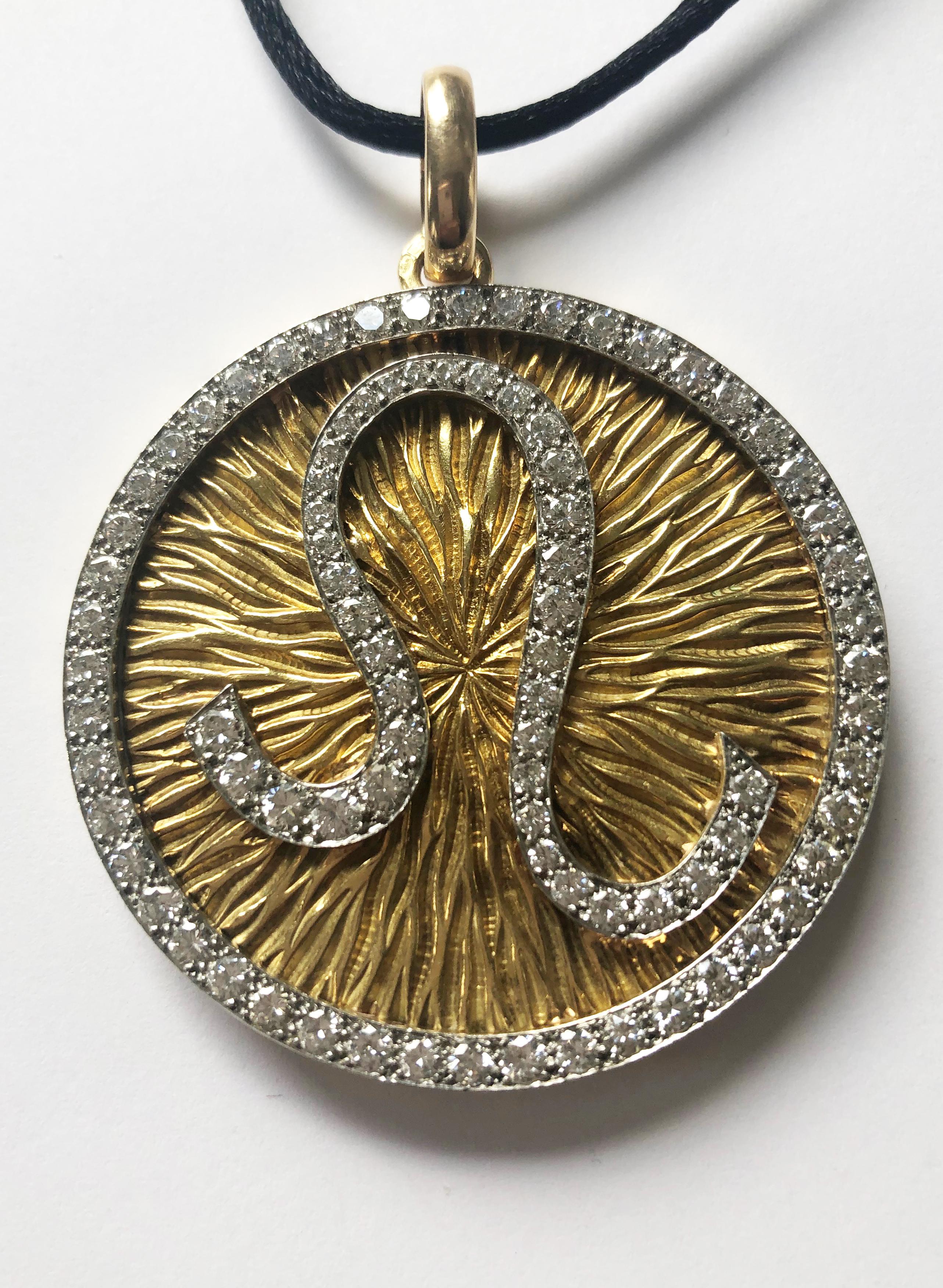 David Webb Diamond, Gold and Platinum Zodiac Pendant In Excellent Condition In New York, NY