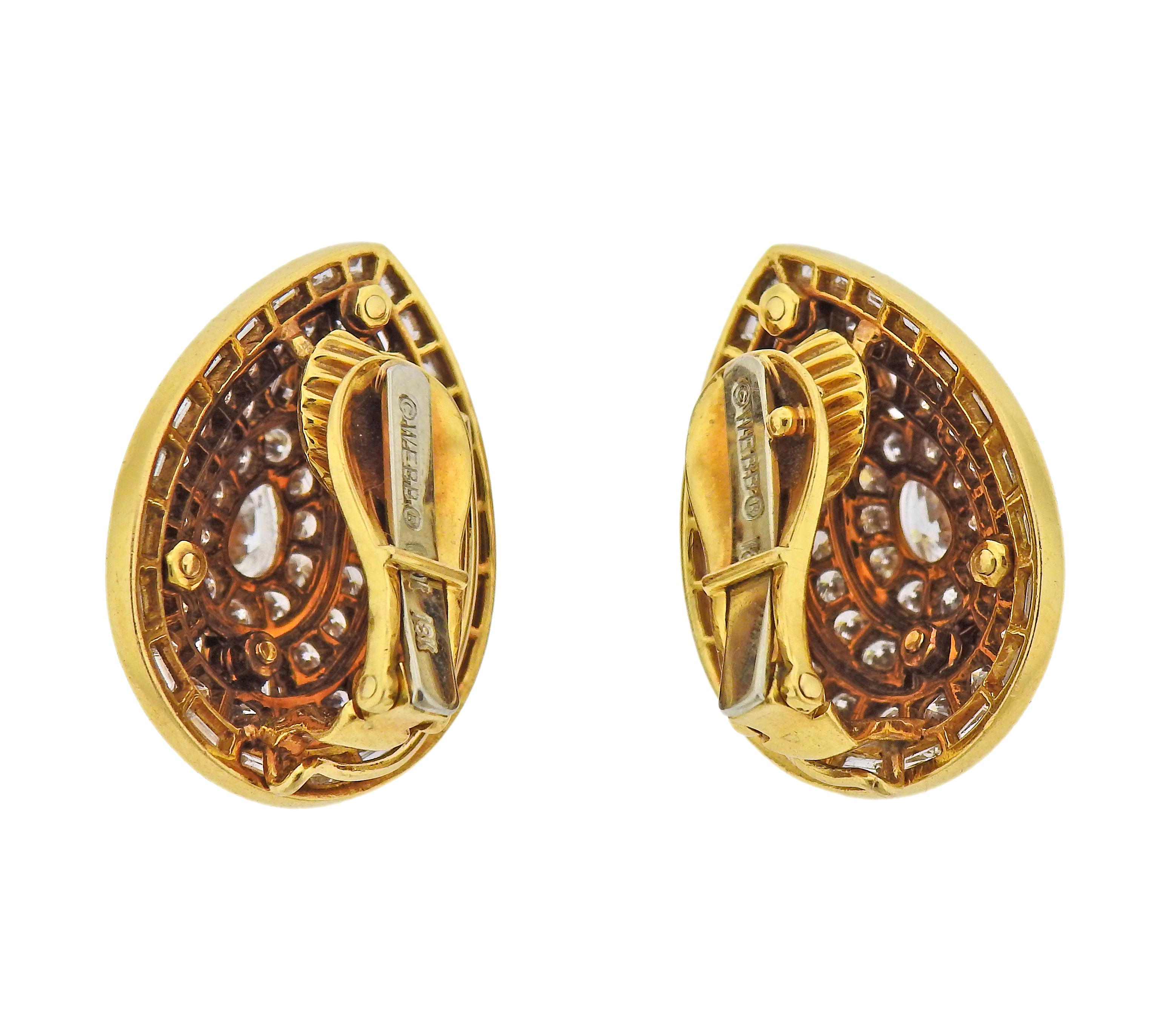 Pair of 18k gold earrings by David Webb, set with apron. 5.50ctw in diamonds. Earrings are 26mm x 20mm. Marked Webb 18k. Weight - 20.6 grams.