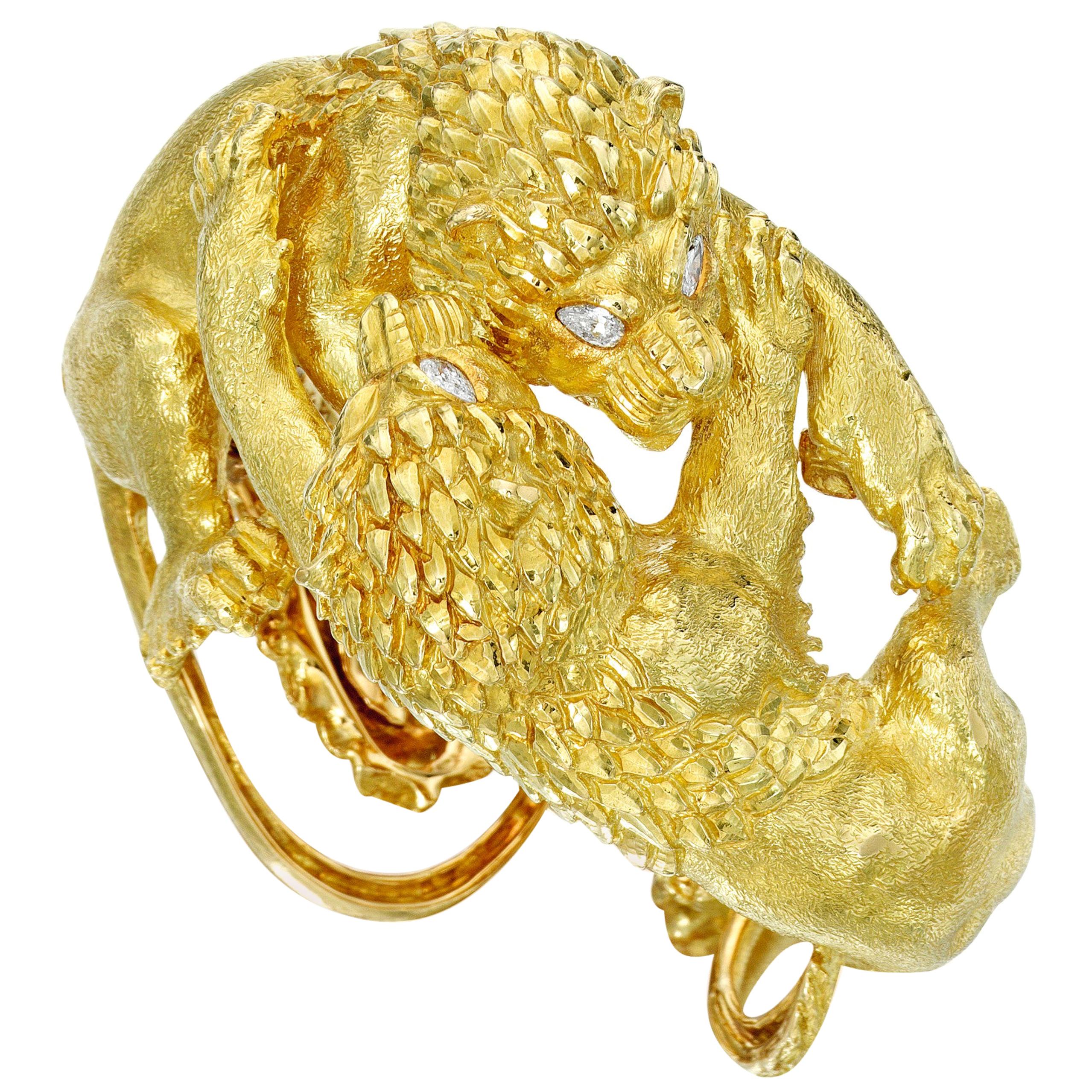 David Webb Diamond Gold Lion Bracelet