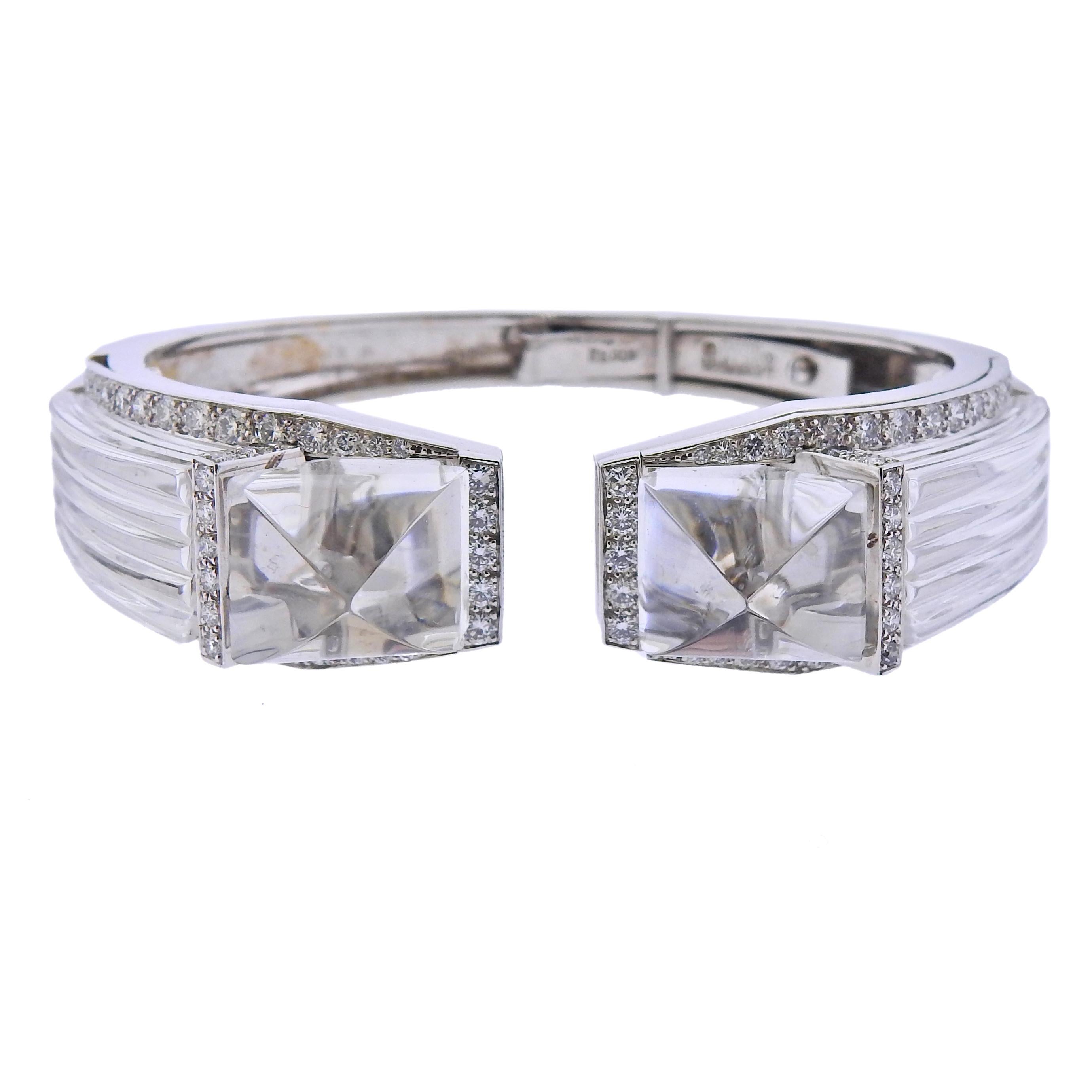 18k gold and platinum White Night cuff bracelet by David Webb, with carved rock crystal and approx. 1.70cts in H/VS-SI1 diamonds. Cuff will fit approx. 6.75-7