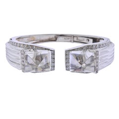 David Webb Diamond Gold Platinum Carved Crystal White Night Cuff Bracelet
