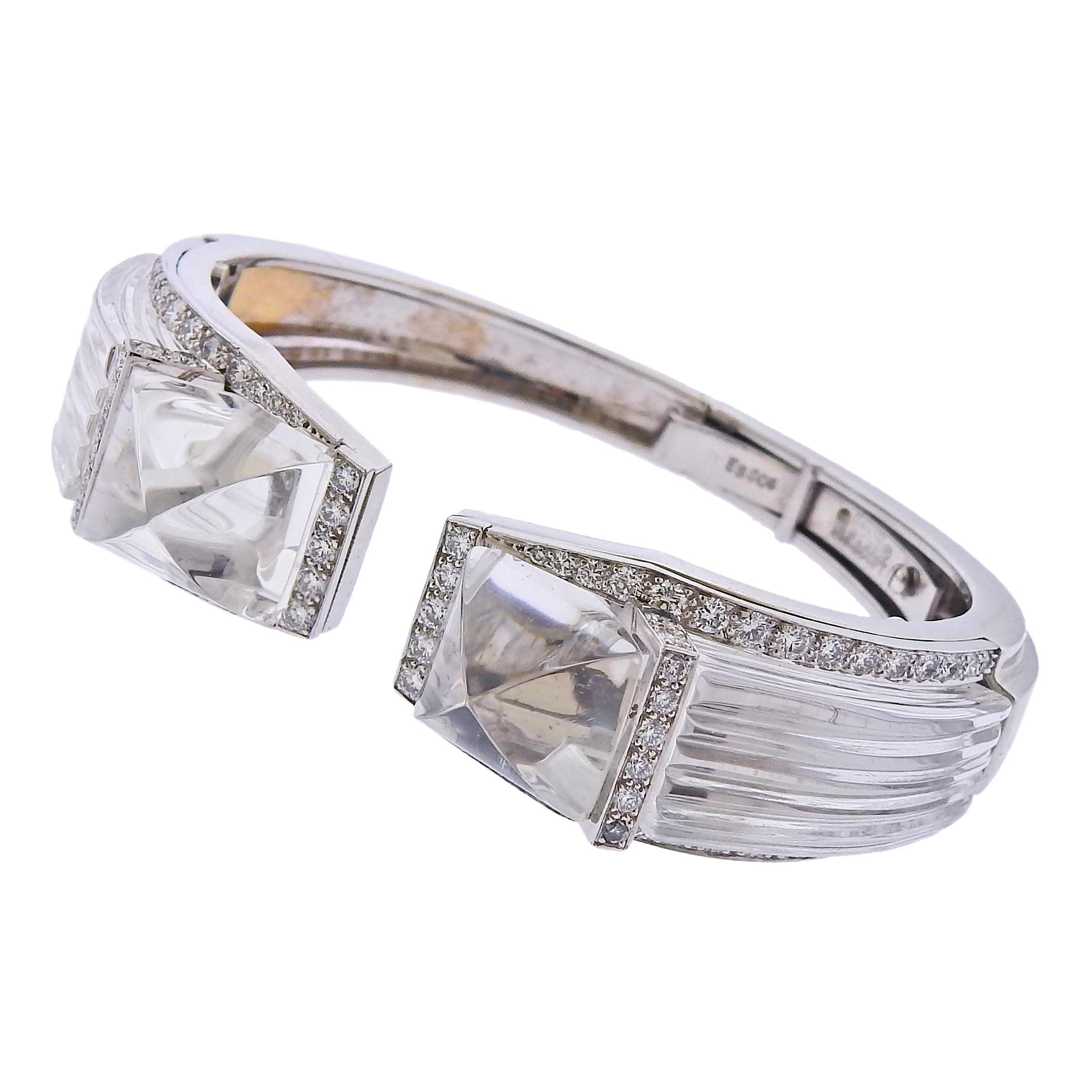 David Webb Diamond Gold Platinum Carved Crystal White Night Cuff Bracelet For Sale