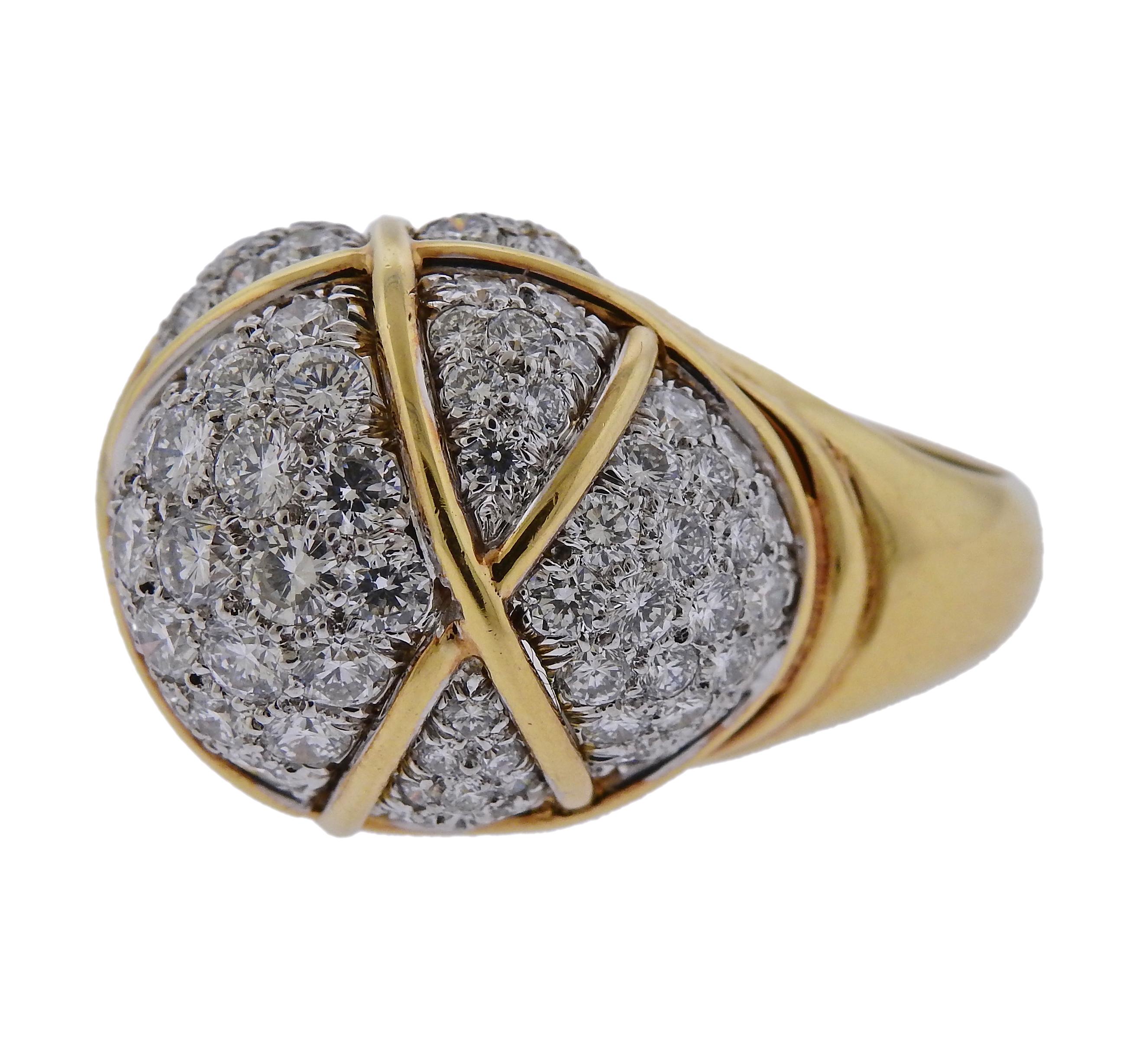 Impressive 18k gold and platinum cocktail ring, crafted by David Webb, set with approx. 4.00ctw in VS/H diamonds.  Ring size 8.5; Top of the ring measures 20mm x 25mm, sits approx. 18mmfrom the top of the finger. Marked: David Webb, 18k,900pt, DC 8.