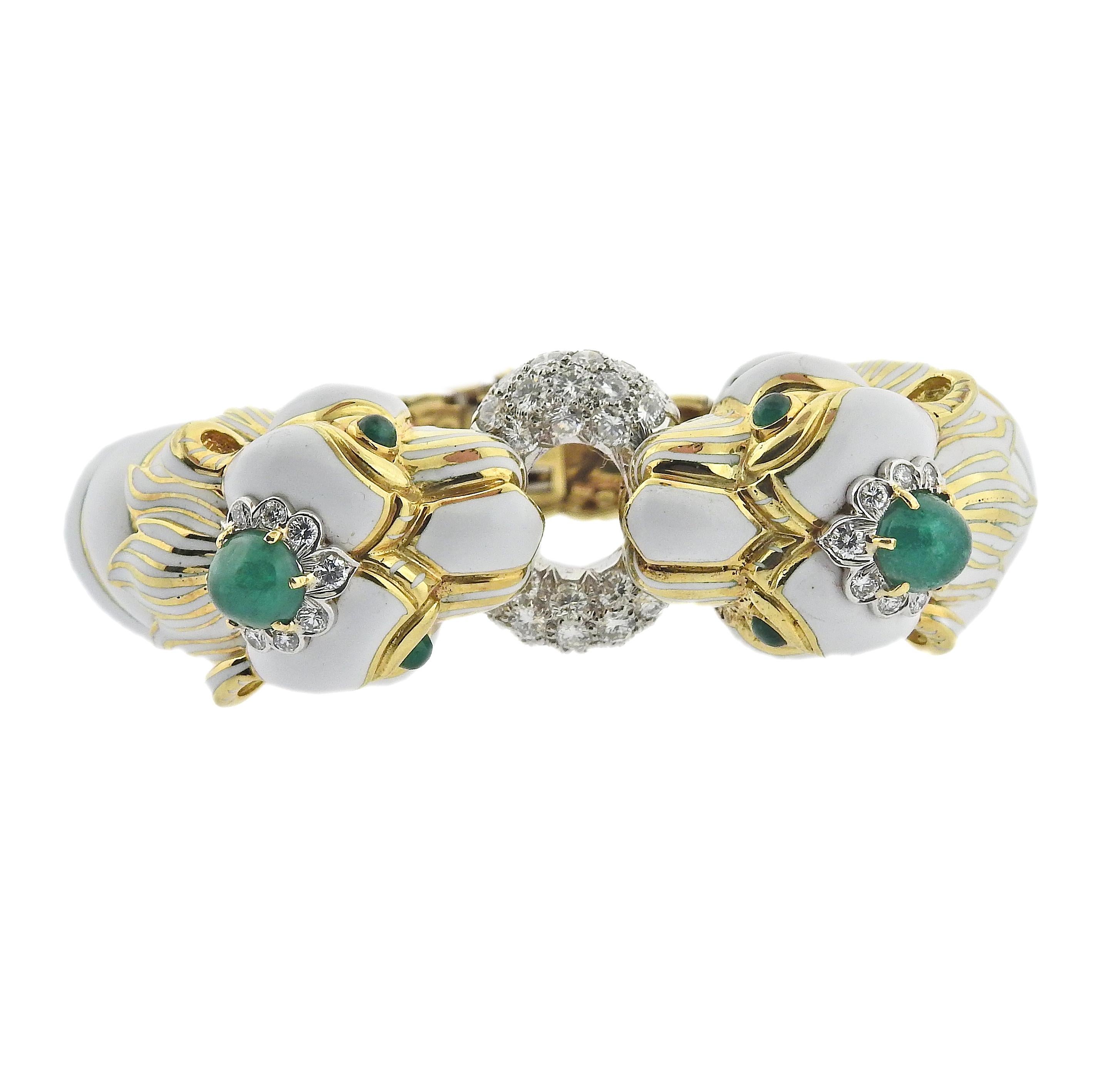 Women's David Webb Diamond Gold Platinum Emerald Enamel Twin Lion Bracelet For Sale