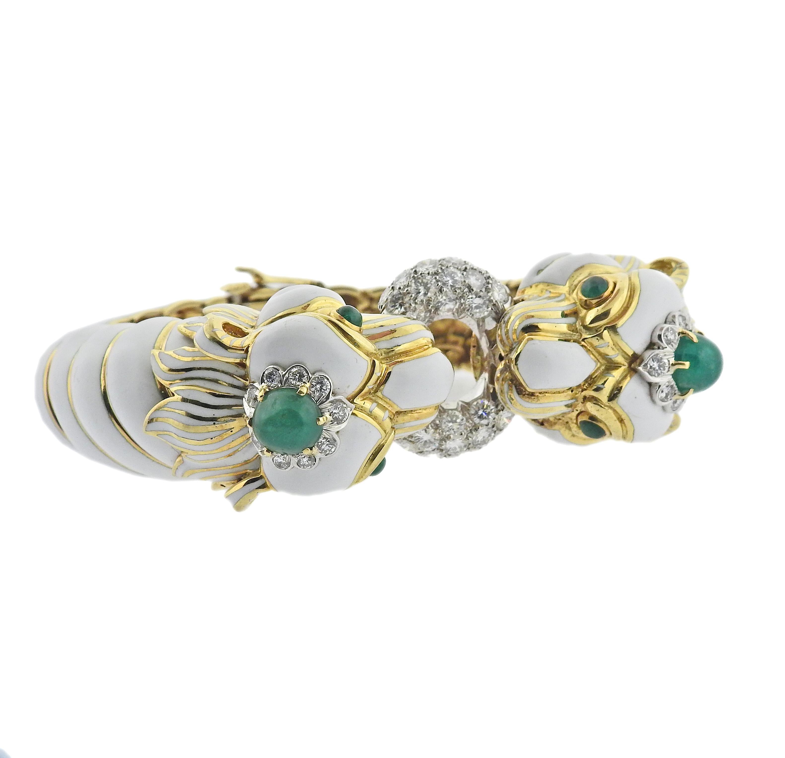 David Webb Diamond Gold Platinum Emerald Enamel Twin Lion Bracelet For Sale 1